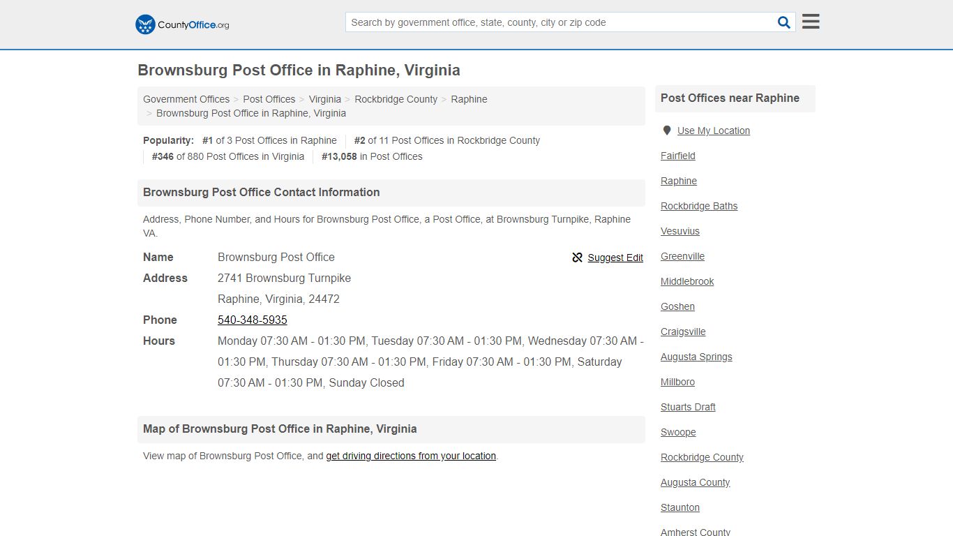 Brownsburg Post Office - Raphine, VA (Address, Phone, and Hours)