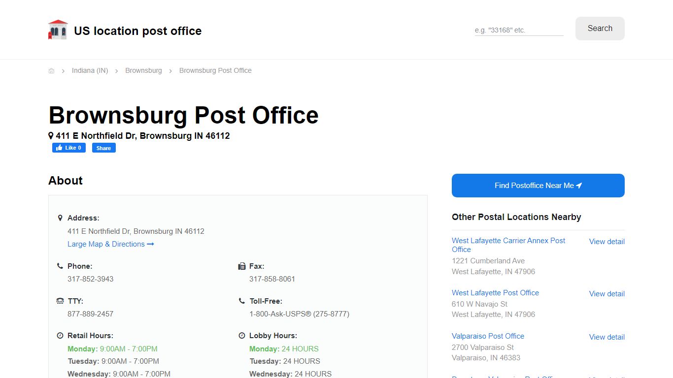 Brownsburg Post Office, IN 46112 - Hours Phone Service and Location