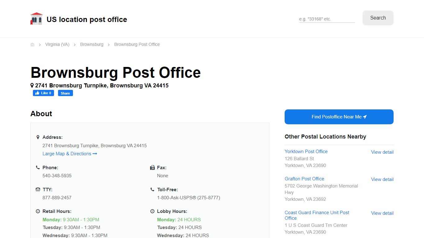 Brownsburg Post Office, VA 24415 - Hours Phone Service and Location